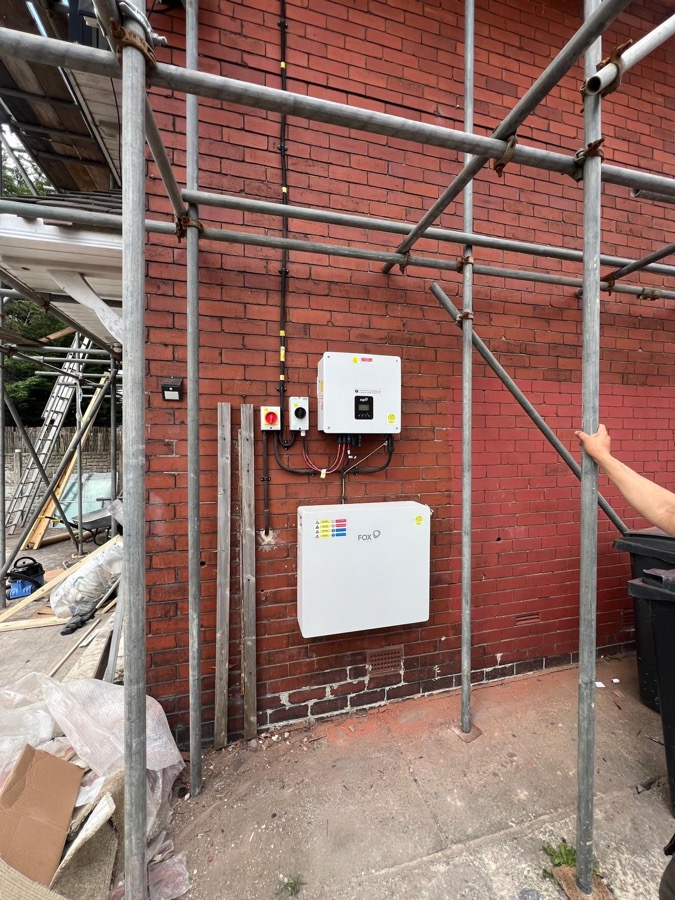 FoxESS inverter and battery storage unit installed on an exterior wall